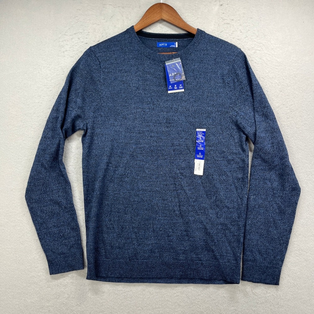 Apt 9 Crewneck Sweater Mens S Blue Modern Luxe Merino Wool Blend Ultrasoft New